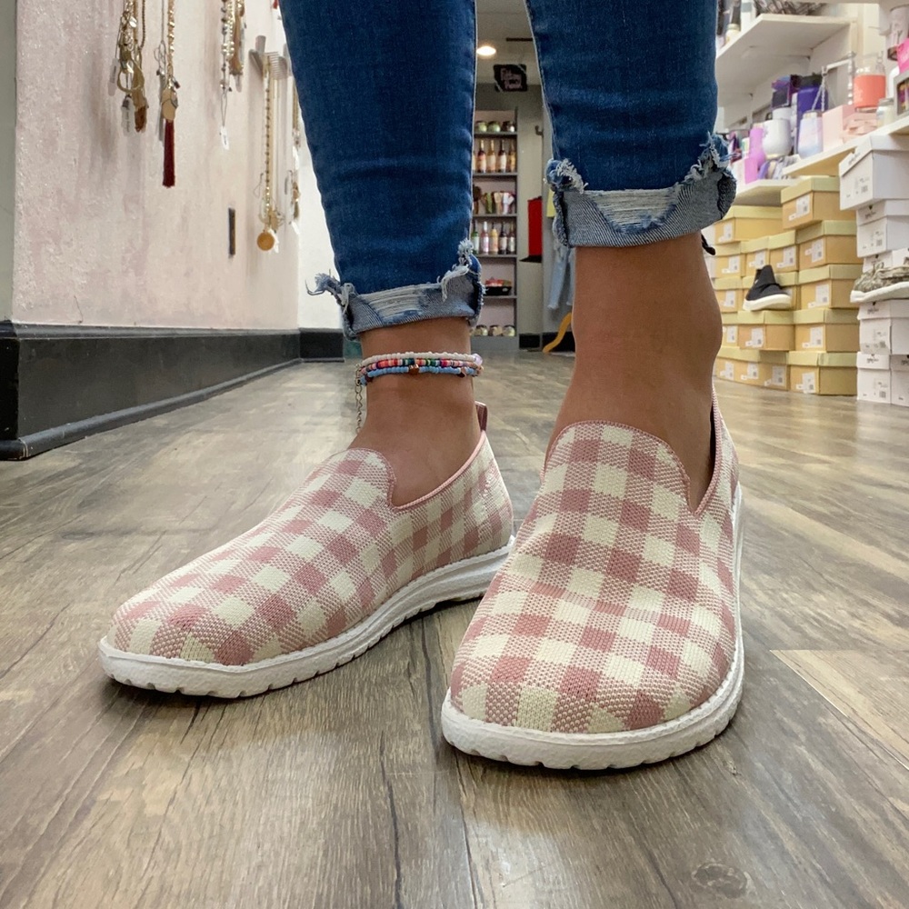 Blush and cream plaid slip ons